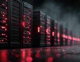 A row of dark server racks illuminate with red lights, set against a smoky, dark background, reflecting on a glossy floor
