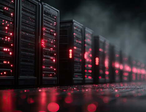 A row of dark server racks illuminate with red lights, set against a smoky, dark background, reflecting on a glossy floor