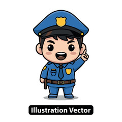Adorable Cartoon Police Officer Character with Blue Uniform and Upward Pointing Finger Gesture