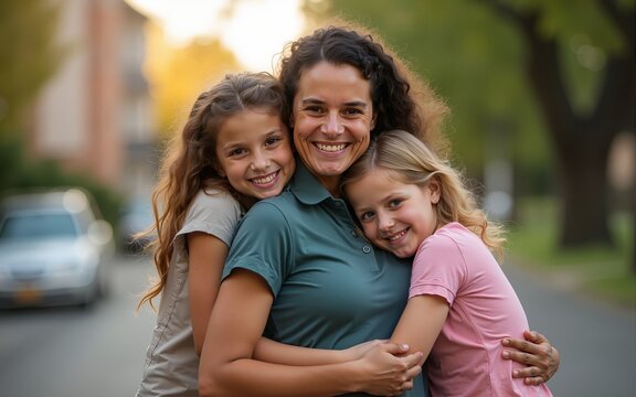 Servicewoman embracing her children on her homecoming. High quality