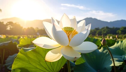 A radiant white lotus flower blossoms in a serene field, bathed in morning sunlight, showcasing its delicate beauty against a backdrop of misty mountains.