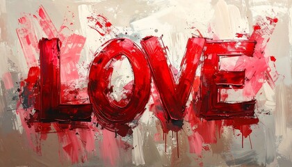 Vibrant red paint strokes form the word "LOVE" against a backdrop of textured, muted colors, creating a powerful and passionate visual.