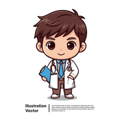Adorable young male cartoon doctor character illustration, professionally dressed with stethoscope and clipboard, ready to help and provide medical care with a friendly smile
