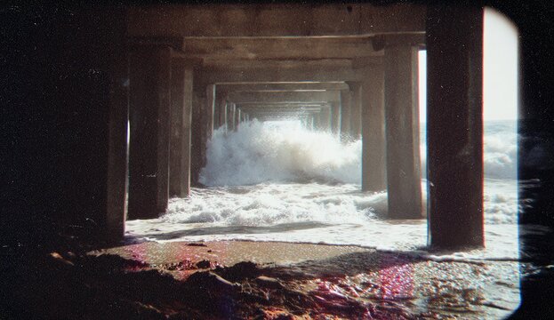 Ocean waves crash beneath pier