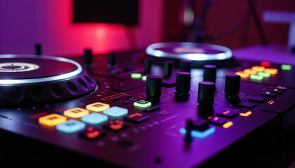 Obraz premium DJ controller with colorful lights in music studio at night 