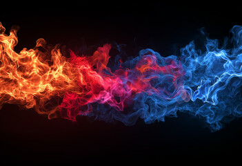 A vibrant stream of red and blue fire particles swirling and merging in a dynamic, abstract flow against a black void