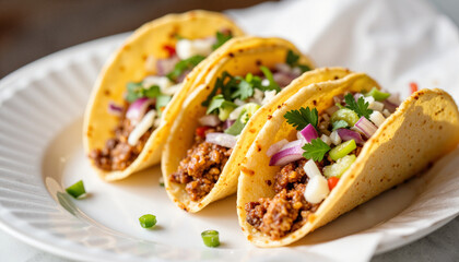 Three tacos filled with seasoned meat and fresh vegetables on plate  