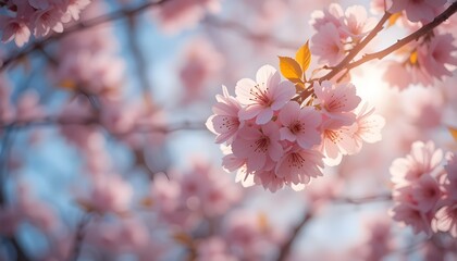 Cherry Blossom in Full Bloom with Sunlight and Defocused Spring Background in Wide Banner Format