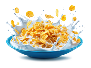 Cornflakes dry breakfast with milk. Stream of milk with cheese and splash pours into a blue plate with cereal isolated on a white background