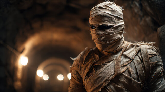 A creepy mummy wrapped in tattered ancient bandages standing in a dark stone tunnel