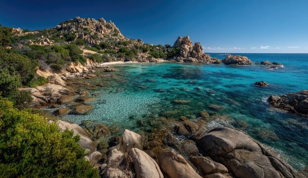 Pristine Mediterranean cove.  Crystal-clear turquoise water laps against rocky shoreline, fringed by scrub brush and hills. Sunny, vibrant colors