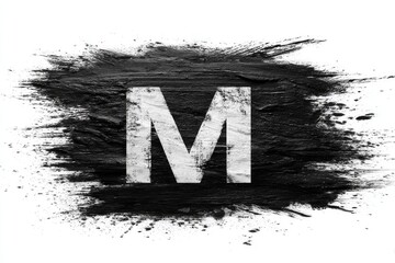 A stark white capital 'M' imprinted onto a roughly textured, black, paint-splattered background, isolated on white