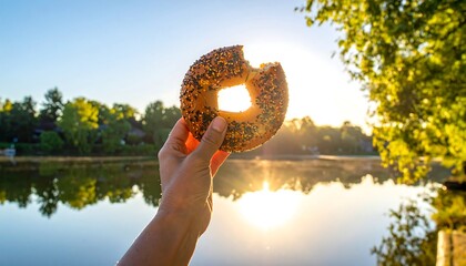 A hand holds a seeded bagel, bathed in golden sunlight over a tranquil lake.
