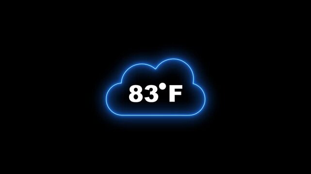 Neon blue cloud icon displaying 83 degrees Fahrenheit temperature on black background weather