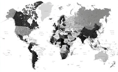 Grayscale world map with country borders and shaded regions indicating varying levels of data