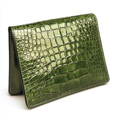A crocodile texture faux leather clutch in deep green color, side view, clutch bag isolated on white background color, photorealistic accuracy, good composition, high resolution