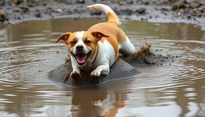 The Muddy Puddle Dive Dog A dog joyfully dives into a muddy pudd