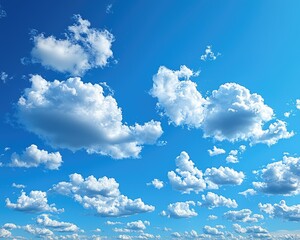 A vibrant blue sky scattered with fluffy white cumulus clouds