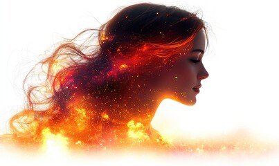 A woman's profile with fiery hair, a surreal portrait