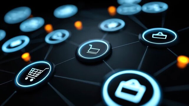 Ecommerce digital network with glowing shopping cart and briefcase icons connected by lines on dark background symbolizing online business technology and connection in digital marketplace - Powered by Adobe