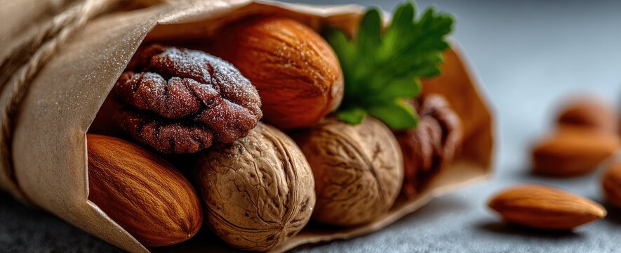 Assorted nuts in a brown paper cone, garnished with parsley, on a gray surface; some almonds scattered nearby
