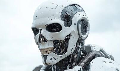 Close-up of a futuristic robot head, showing intricate mechanical details