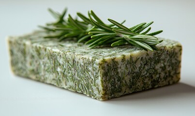 Fresh rosemary soap bar on a white surface