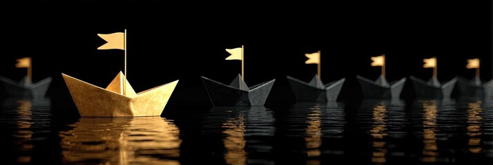 A golden paper boat leads a fleet of dark grey ones across a reflective black water, each boat bearing a small flag