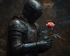 A knight in ornate armor holds a single rose