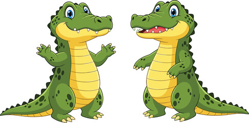 Cute cartoon alligator characters, friendly green crocodile mascots, smiling reptiles, fun animal illustrations, kids-friendly wildlife art, playful nature designs for children