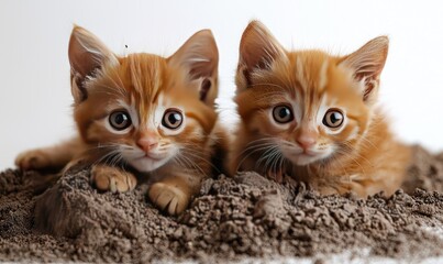 Two adorable ginger kittens resting in a pile of soil
