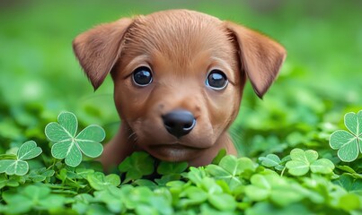 Adorable puppy in a clover patch