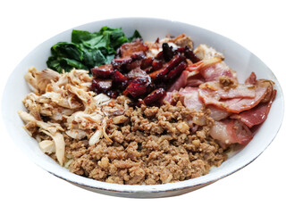 A tempting bowl containing a harmonious blend of grilled meat, fresh green vegetables, and a...