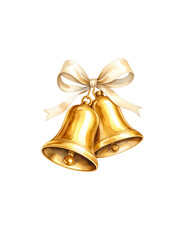Golden bell with red ribbon bow, Christmas decoration on white background