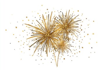 Three golden fireworks bursts with sparkling confetti on a white background