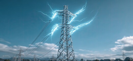 Tall metal electricity pylon struck by vibrant blue lightning bolts against a partly cloudy, light-blue sky