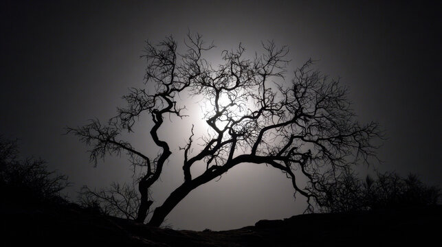 A spooky tree with twisted branches silhouetted against a glowing full moon on a dark eerie night sky