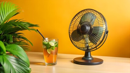 Refreshing Iced Drink Fan Green Plant Orange Wall Summer Setup