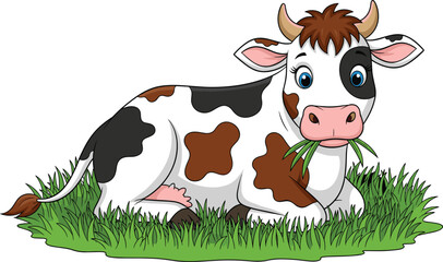 Cute cartoon cow lying on green grass, eating fresh blades of grass, friendly farm animal illustration, cheerful dairy cow character