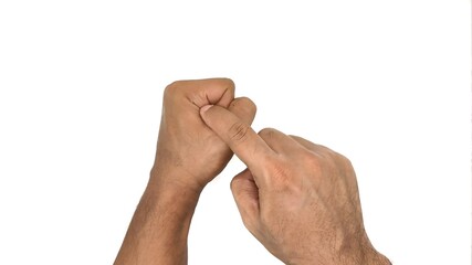 two hands, the right hand points to the left hand which is clenched
