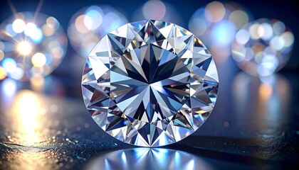 A dazzling round brilliant cut diamond, reflecting light brilliantly, sits prominently on a dark surface, with out-of-focus diamonds adding depth and visual interest.