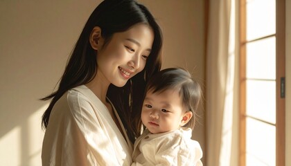 赤ちゃんを抱く素敵な母親