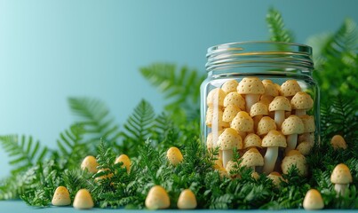 A glass jar filled with small, pale yellow mushrooms sits amidst greenery
