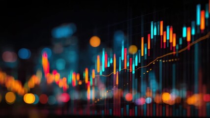 Colorful financial chart with candlestick and line graph overlay on vibrant city lights background showing dynamic market trends data analysis in blue orange and red tones - Powered by Adobe