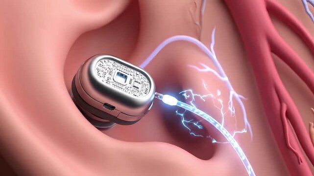 Close-up of a futuristic cochlear implant device within the ear, symbolizing advanced hearing technology and medical innovation.
