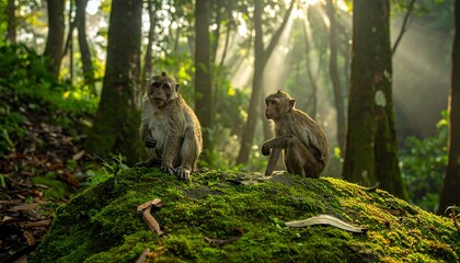 Obraz premium Two monkeys in a mossy forest