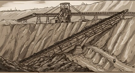 Fototapeta premium Industrial Mining Site with Large Conveyor Belt and Excavation Equipment in Open Pit Quarry