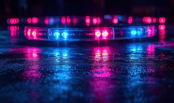 Vibrant LED lights reflecting on a wet surface at night