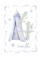 It's a boy. Watercolor hand-drawn monthly numbers cards with crib for newborn, blue flowers and wavy ribbon. Four months. Baby monthly milestone cards. Newborn monthly card for photo session