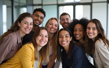 Diverse team taking a group selfie during an office tour. High quality